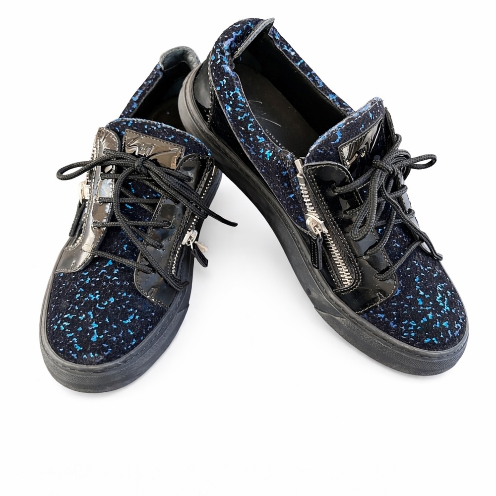Giuseppe Zanotti Frankie Black Blue Velvet Double Zip Sneakers EU 40